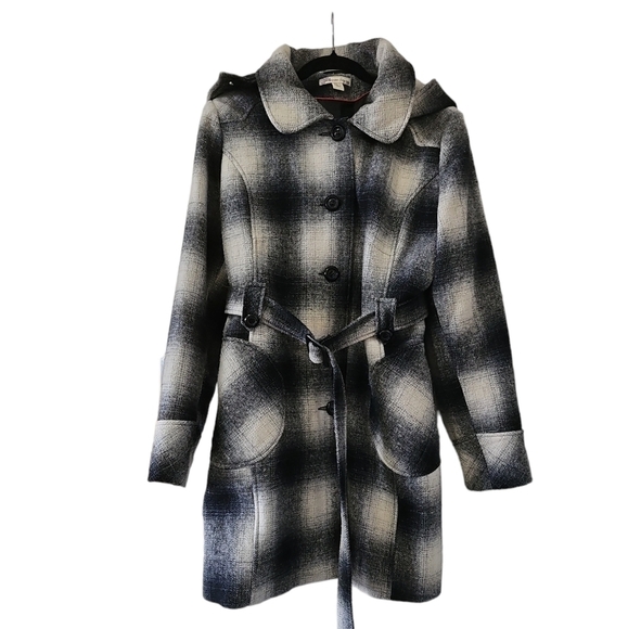 Vintage American Rag Cie 1984 Checkered Coat Wool Blend White & Navy Blue - Picture 1 of 6